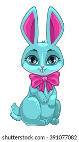Cute cartoon sitting bunny with big pink bow, isolated on white
