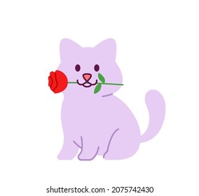 Cute cartoon sitting cat with flower rose in mouth vector illustration
