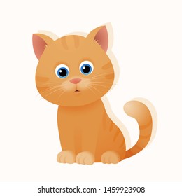 Cute cartoon sitting ginger kitten cat isolated on white