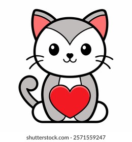 Cute cartoon sitting gray cat with heart isolated on white background. Front view. Vector illustration