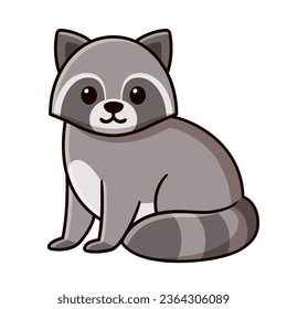 Cute cartoon sitting raccoon drawing. Kawaii vector clip art illustration.