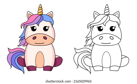 Cute Cartoon sitzend Einhorn. Farbe und schwarz-weißer Vektorgrafik für das Farbbuch