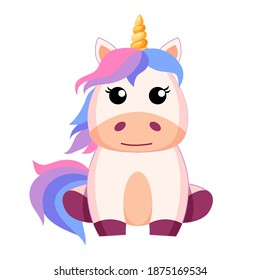 Cute Cartoon sitzend Einhorn. Vektorgrafik einzeln auf weißem Hintergrund