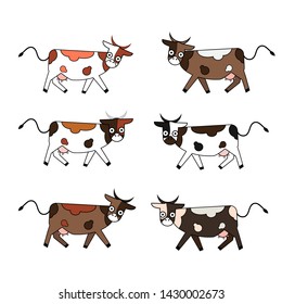 Cute cartoon six cows collection funny illustration,  isolated on white background. Vector icon for web and print decoration or milk products,  farm animal. 