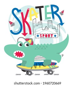 Cute cartoon skater crocodile on the street on white background illustration vector.