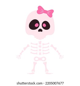 cute cartoon skeleton with pink bow isolated on white background, vector illustration for halloween