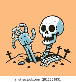 Cute cartoon skeleton rising from the grave vector illustration. Funny skull and boney hand reaching out from the ground with small cemetery crosses in the background, isolated on a warm orange backdrop. Spooky Halloween design element.