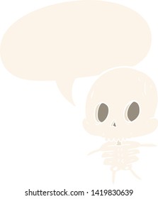 esqueleto de desenho animado bonito com balão de fala em estilo retrô