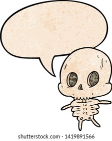 cute cartoon skeleton with speech bubble in retro texture style