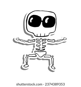 Cute cartoon Skeleton Wear Dark Glasses on white silhouette and gray shadow. Vector illustration about halloween.