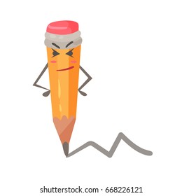 Cute cartoon skeptical humanized pencil standing arms akimbo character vector Illustration