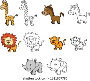 cute cartoon sketch animals with coloring