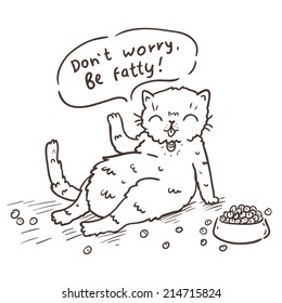 Cute cartoon sketch fat cat with food
