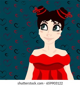 Cute cartoon sketch illustration of a beautiful girl dressed in a red love dress