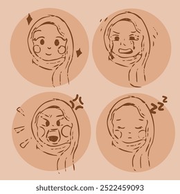 Um desenho animado bonito no conjunto marrom com uma garota vestindo hijab expressando diferentes emoções, incluindo felicidade, tristeza, raiva e sonolência