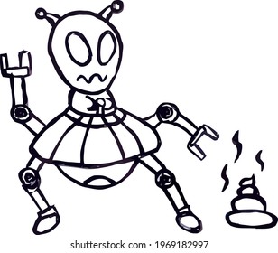Cute Cartoon Sketch.Alien with transparent background 