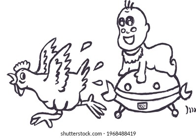 Cute Cartoon Sketch.baby chasing chickens with transparent background 