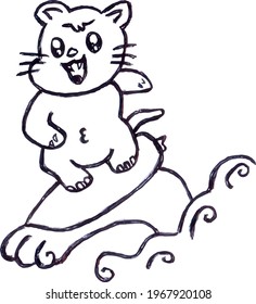 Cute Cartoon Sketch.Surfing CaT with transparent background 