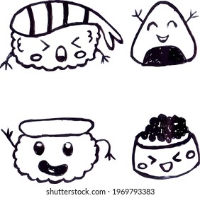 Cute Cartoon Sketch.Sushi with transparent background 