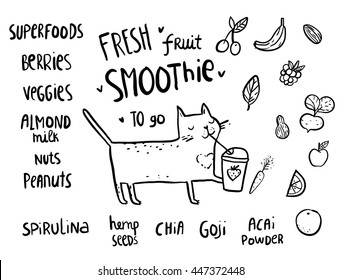 Cute cartoon sketchy cat drinking smoothie. Food illustration. Adorable animal image. Fruit and vegetable drink with superfoods.