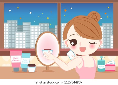 cute cartoon skin care woman with beauty concept