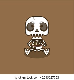 cute cartoon skull about to eat ramen noodles with chopsticks .vector illustration for mascot logo or sticker