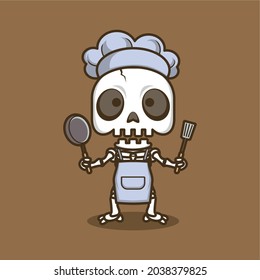 cute cartoon skull become a chef with cooking tools. vector illustration for mascot logo or sticker