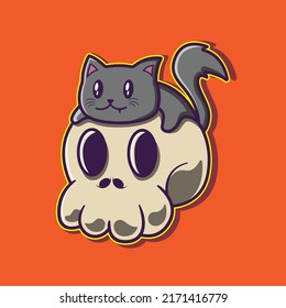 cute cartoon of skull with black cat on it