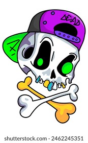 Cute cartoon skull in a cap. Funny skull sticker for Halloween design. Cool hand drawn skull with crossbones. Vector illustration isolated on white background.