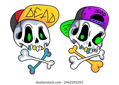 Cute cartoon skull in a cap. Funny skull sticker for Halloween design. Cool hand drawn skull with crossbones. Vector illustration isolated on white background.