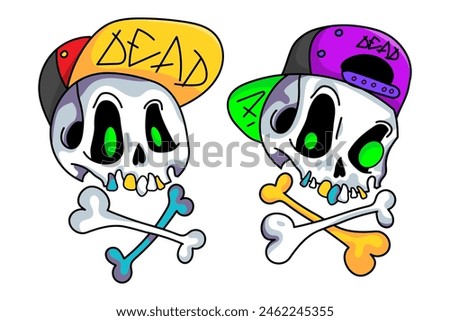 Cute cartoon skull in a cap. Funny skull sticker for Halloween design. Cool hand drawn skull with crossbones. Vector illustration isolated on white background.