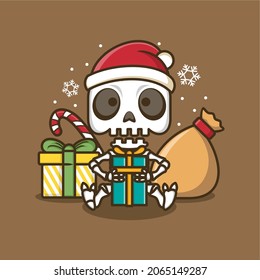 cute cartoon skull with christmas gifts. vector illustration for mascot logo or sticker