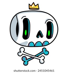 Cute cartoon skull with crown. Funny skull sticker for Halloween design. Vector illustration isolated on white background.