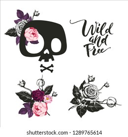Cute Cartoon Skull decorated with rose flowers. Stylized skull, t-shirt print, skull sign, teenager print art design. Vector illustration. Isolated