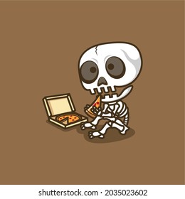 cute cartoon skull eating pizza .vector illustration for mascot logo or sticker