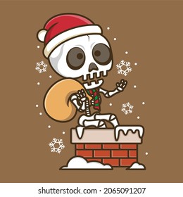 cute cartoon skull going through christmas chimney. vector illustration for mascot logo or sticker