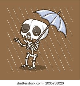 cute cartoon skull holding umbrella and playing in the rain. vector illustration for mascot logo or sticker