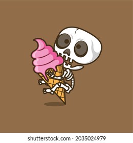 cute cartoon skull hugging big ice cream .vector illustration for mascot logo or sticker