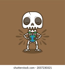 cute cartoon skull hugging the world with plant shoots. vector illustration for mascot logo or sticker