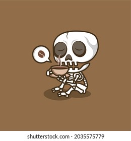 cute cartoon skull inhaling the aroma of a cup of coffee. vector illustration for mascot logo or sticker