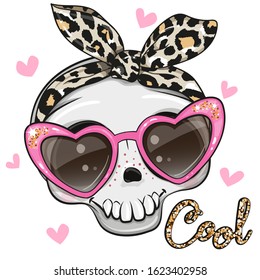 Cute Cartoon skull in pink glasses isolated on a white background