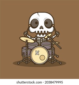 cute cartoon skull playing drums. vector illustration for mascot logo or sticker