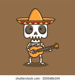 cute cartoon skull playing mexican style guitar. vector illustration for mascot logo or sticker