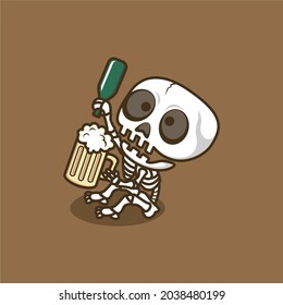 cute cartoon skull pouring beer into a glass. vector illustration for mascot logo or sticker