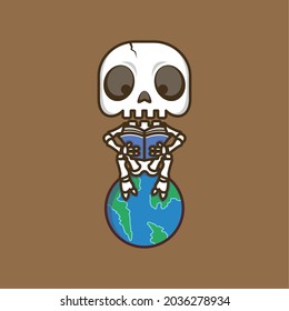 cute cartoon skull reading a book on a globe. vector illustration for mascot logo or sticker