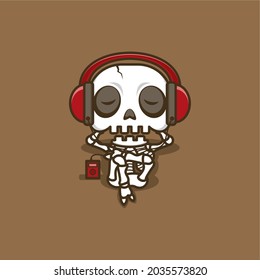 cute cartoon skull relaxing while listening to music. vector illustration for mascot logo or sticker