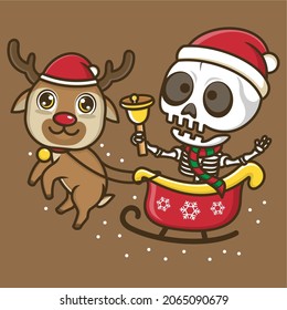 cute cartoon skull riding christmas reindeer carriage. vector illustration for mascot logo or sticker