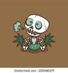 Cute Cartoon Skull Smoking Weed. Vector Illustration For Mascot Logo Or Sticker