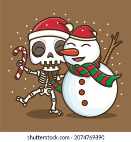 cute cartoon skull with snowman on christmas. vector illustration for mascot logo or sticker