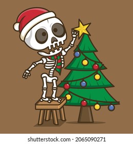 cute cartoon skull star installation on christmas tree. vector illustration for mascot logo or sticker